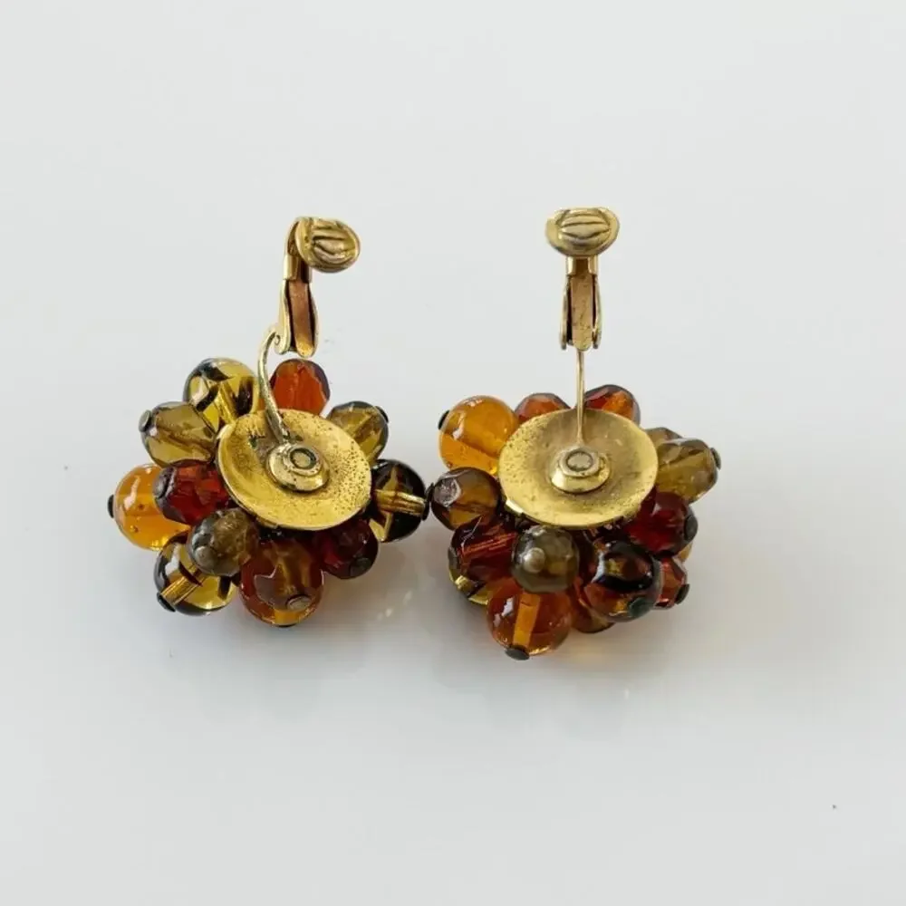 Vintage Marvella Cluster Bead Clip On Earrings Amber